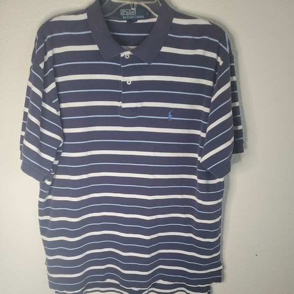 Polo by Ralph Lauren Mens Blue Polo W/Blue White Stripes Shirt Blue Pony Size L - Picture 4 of 6